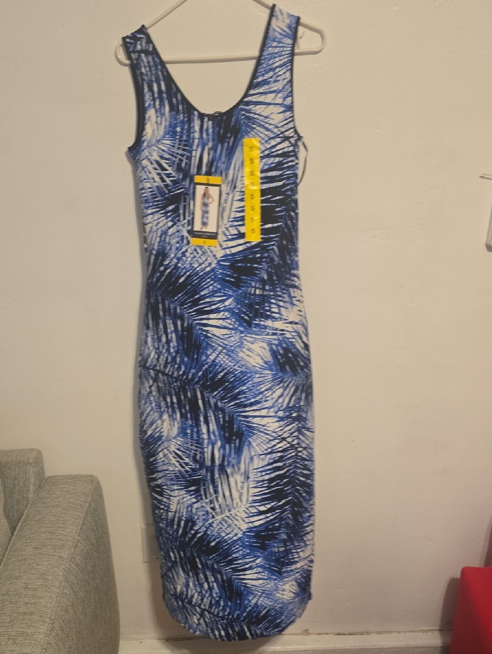 Mario Serrani Blue and White Palm-Print Sleeveless Dress